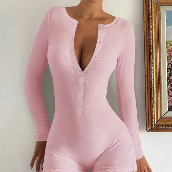 Pink Sexy Women's Half Button Unitard Romper - Picture 4 of 4